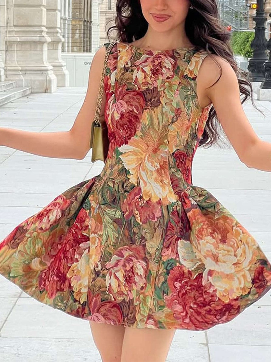 Green Floral Sleeveless Mini Dress