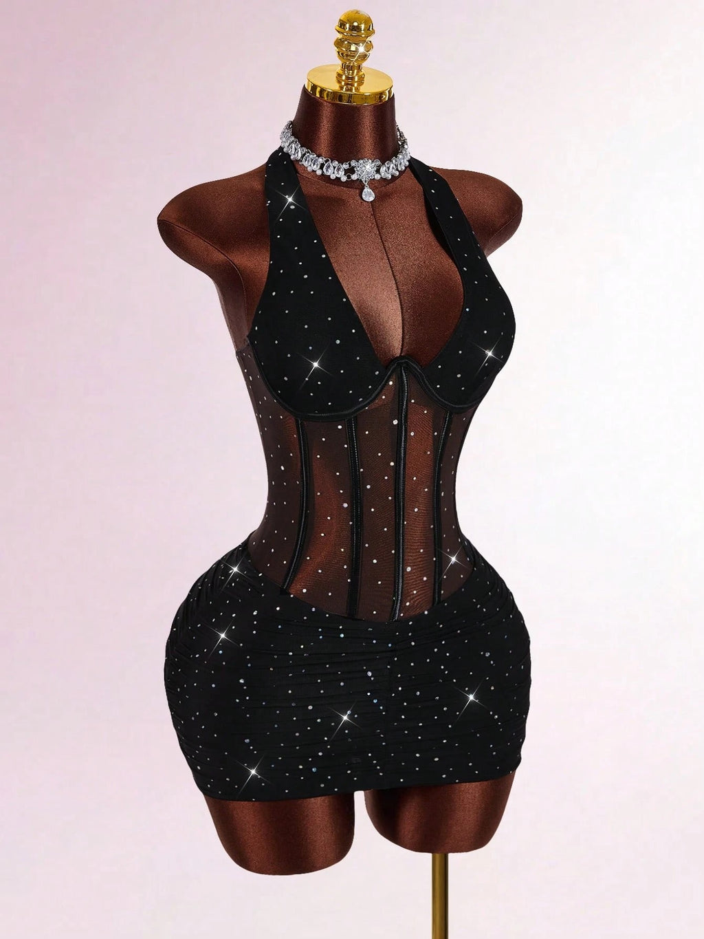Black Rhinestone Sheer Corset Mini Dress