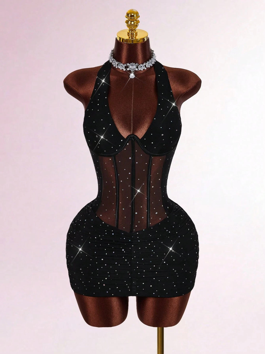 Black Rhinestone Sheer Corset Mini Dress