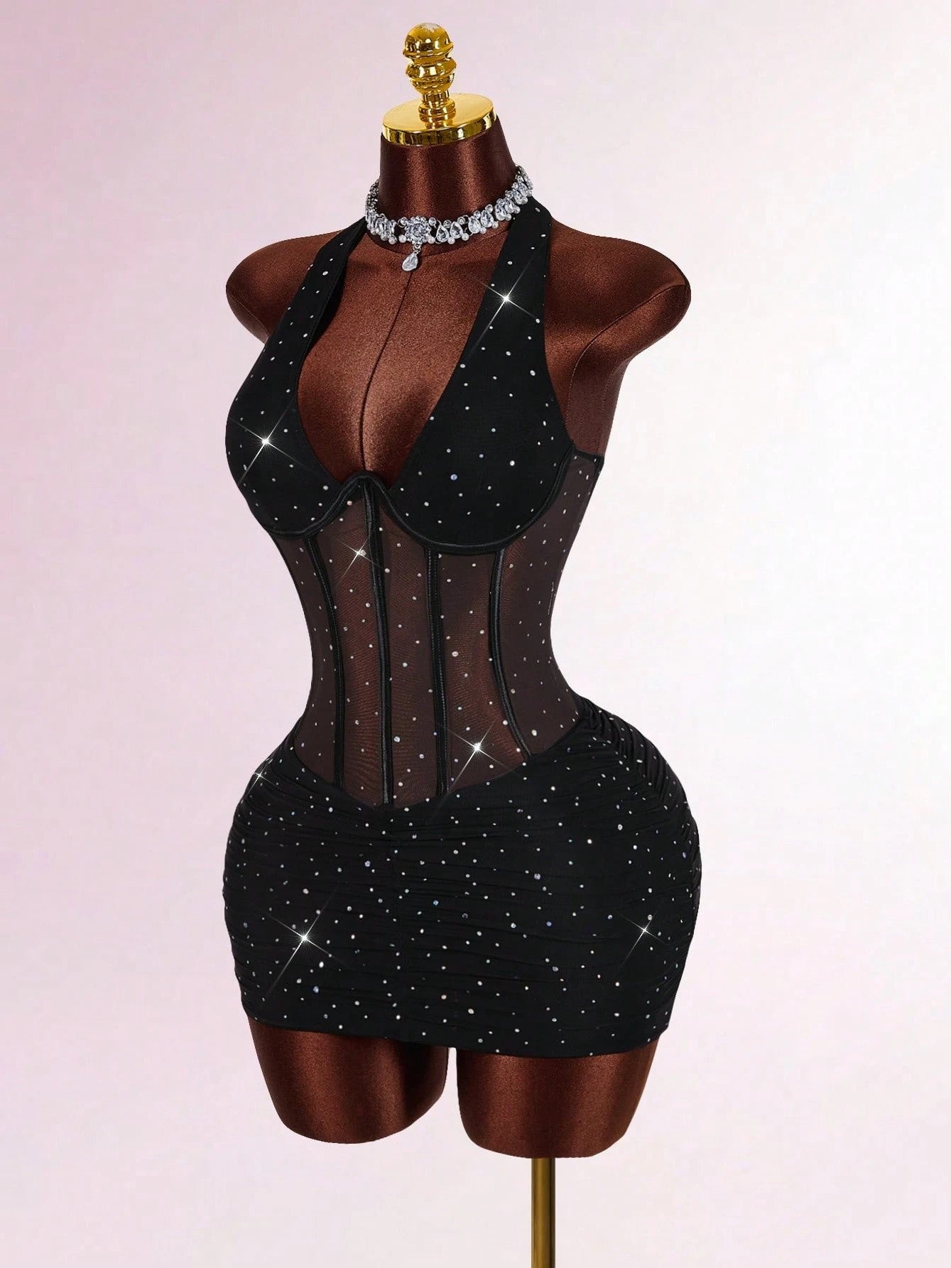 Black Rhinestone Sheer Corset Mini Dress