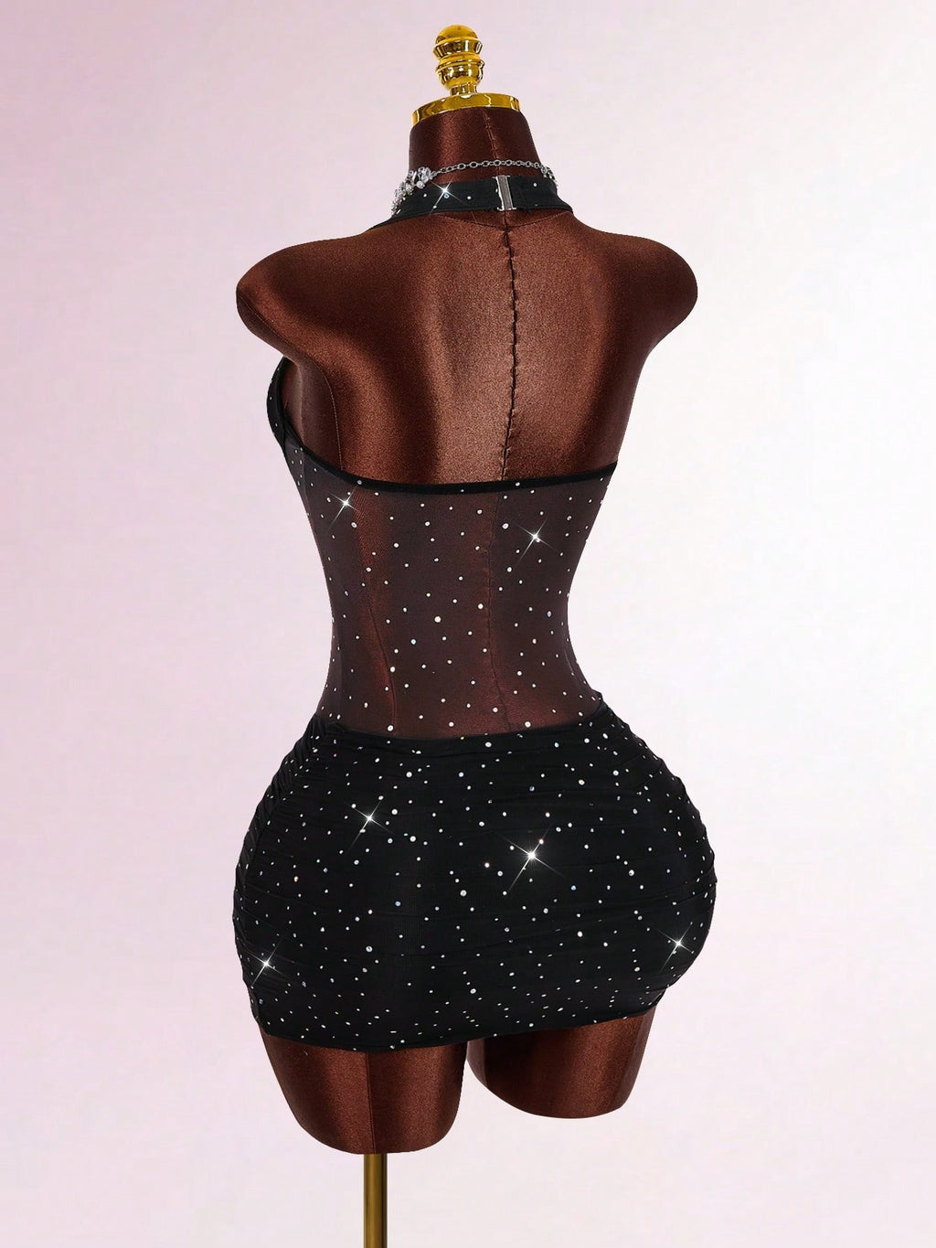 Black Rhinestone Sheer Corset Mini Dress