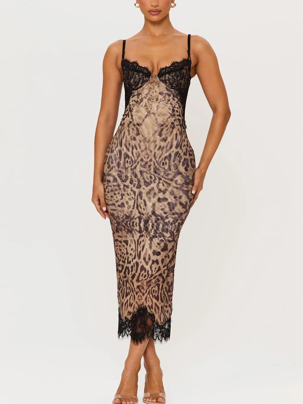 Leopard Print Lace Trim Midi Dress