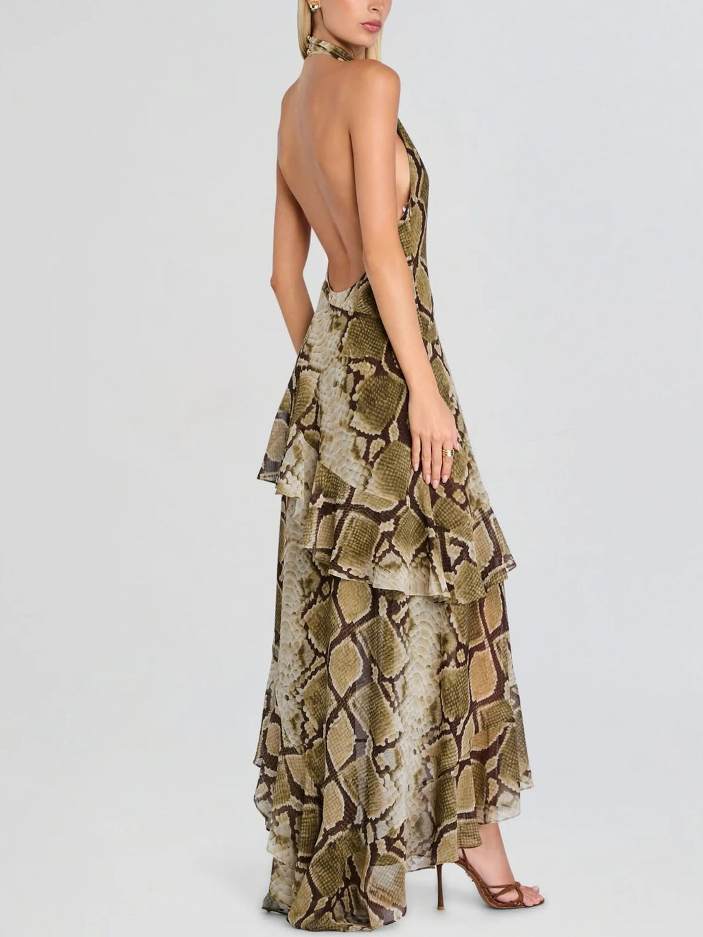 Green Snake Print High-Low Maxi Dress