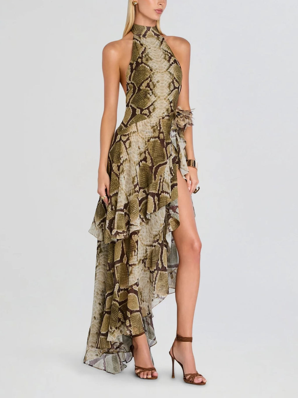 Green Snake Print High-Low Maxi Dress
