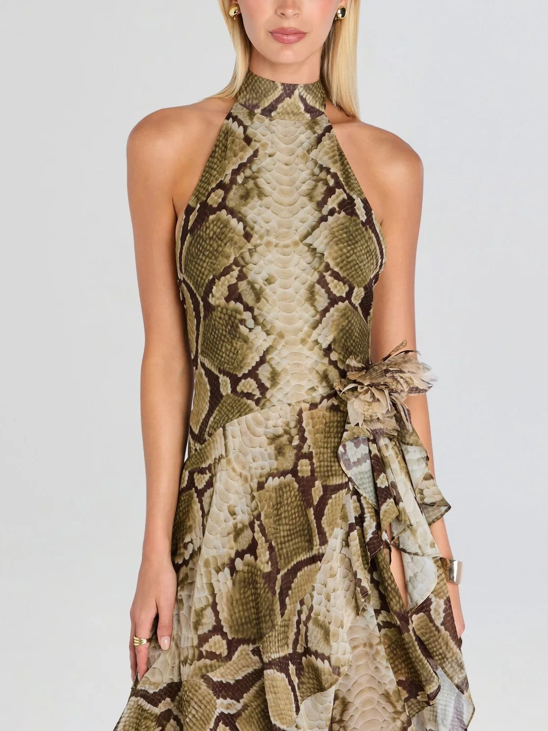Green Snake Print High-Low Maxi Dress