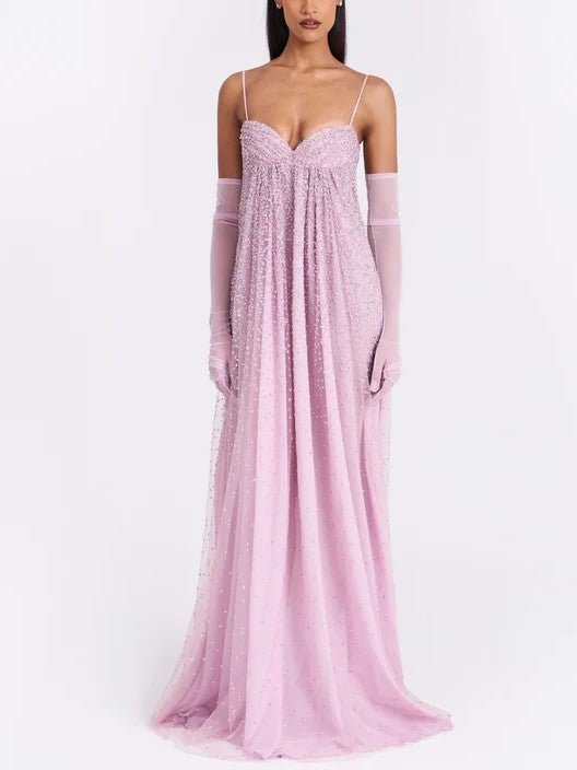 Pink Sequin Tulle Maxi Dress