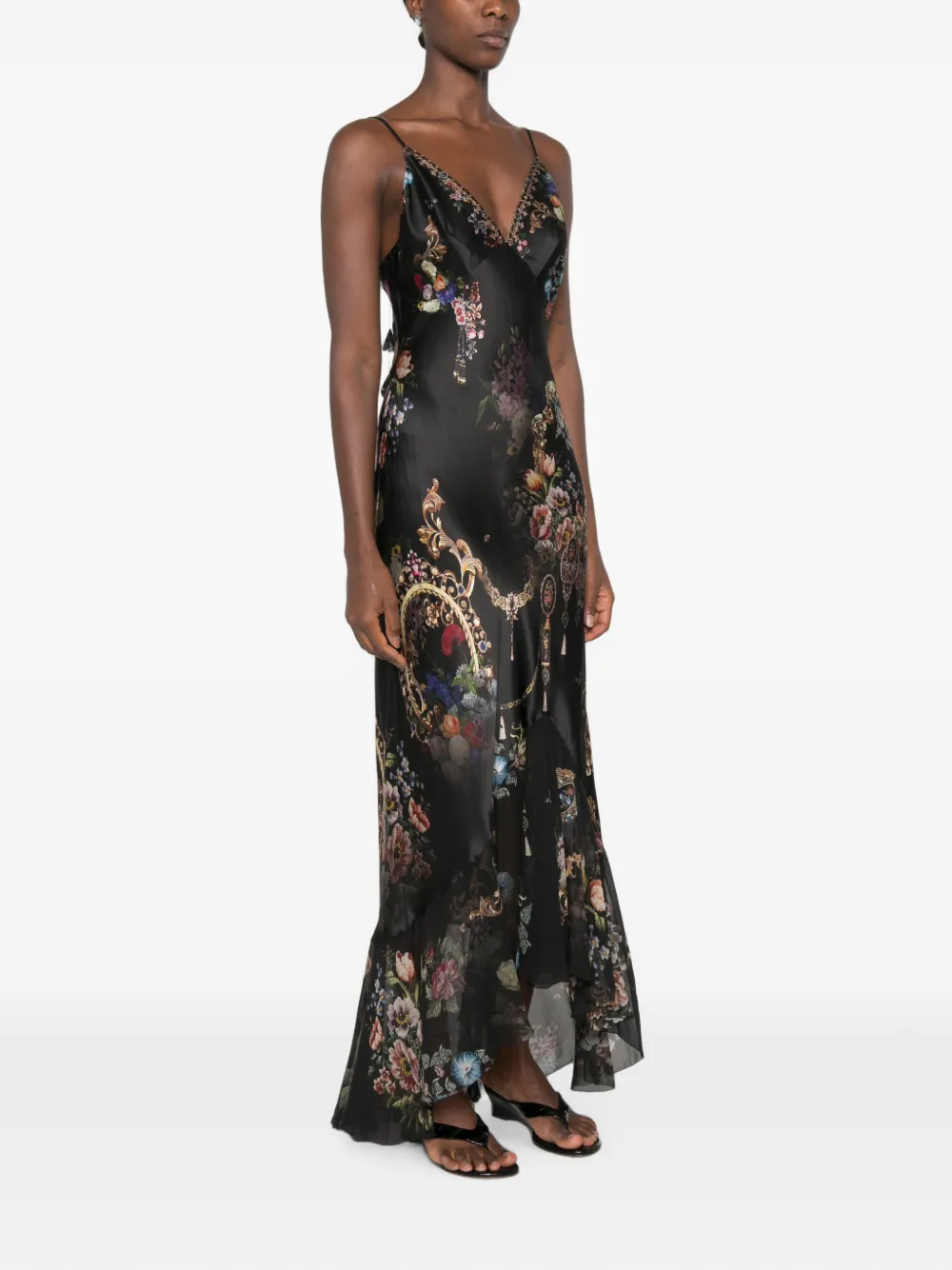 Black Baroque Print Satin Maxi Dress