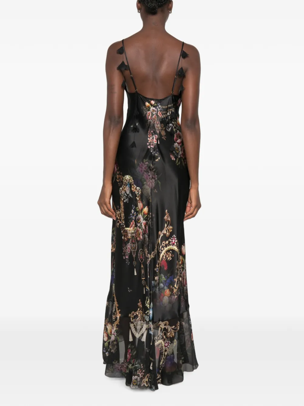 Black Baroque Print Satin Maxi Dress
