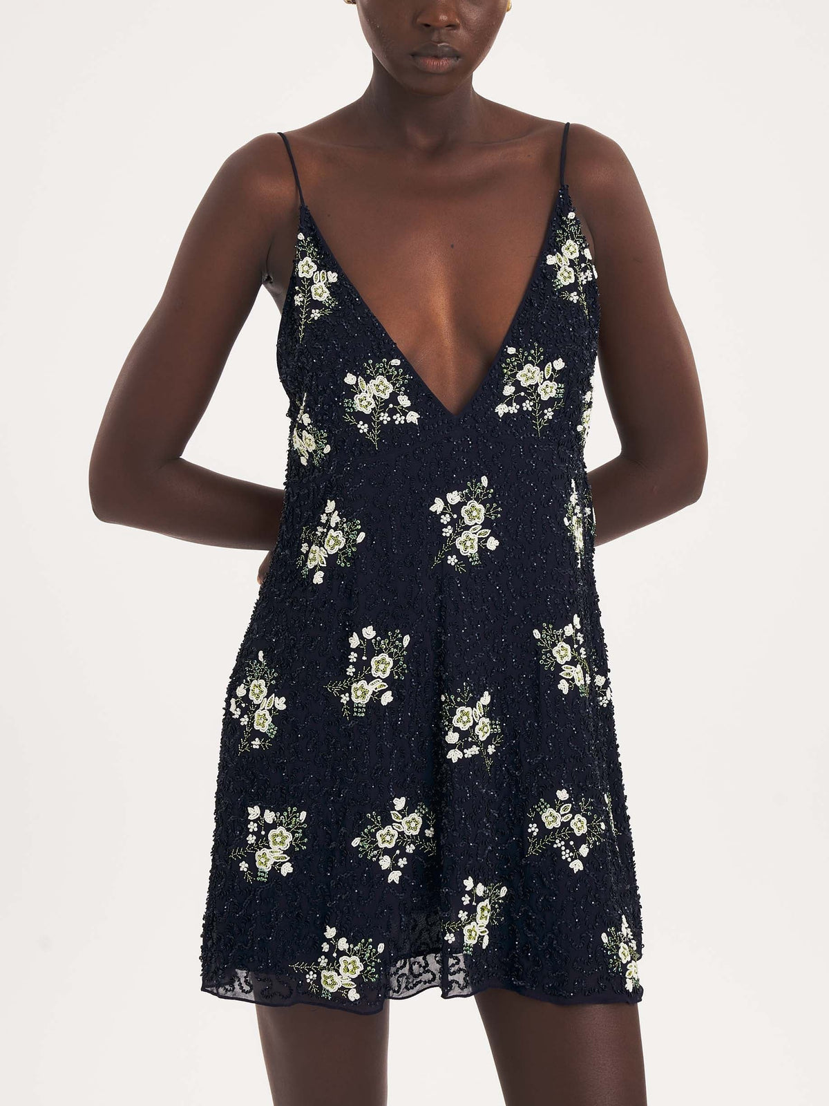 Navy Floral Sequin Mini Dress