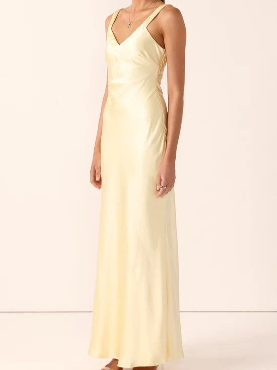 Champagne Satin V-Neck Maxi Slip Dress