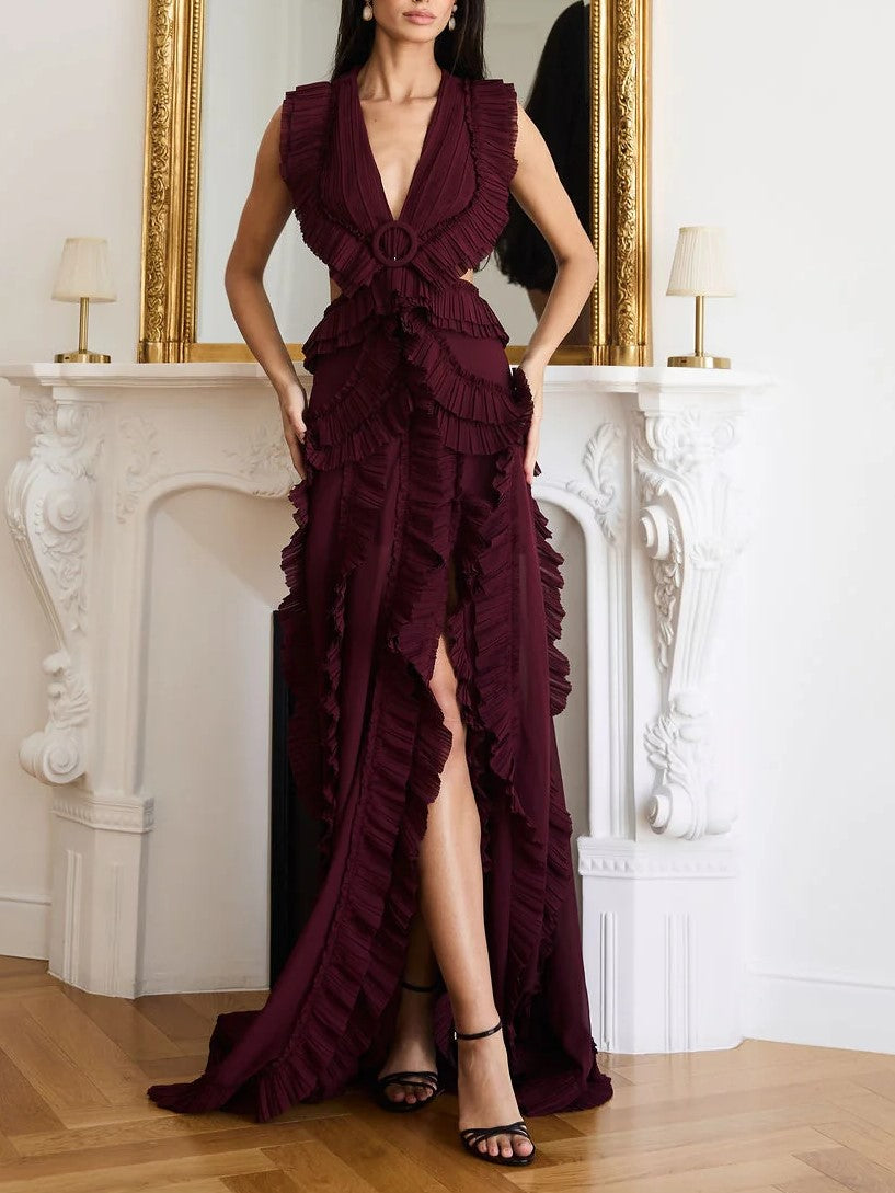 Burgundy Ruffle High Slit Maxi Dress