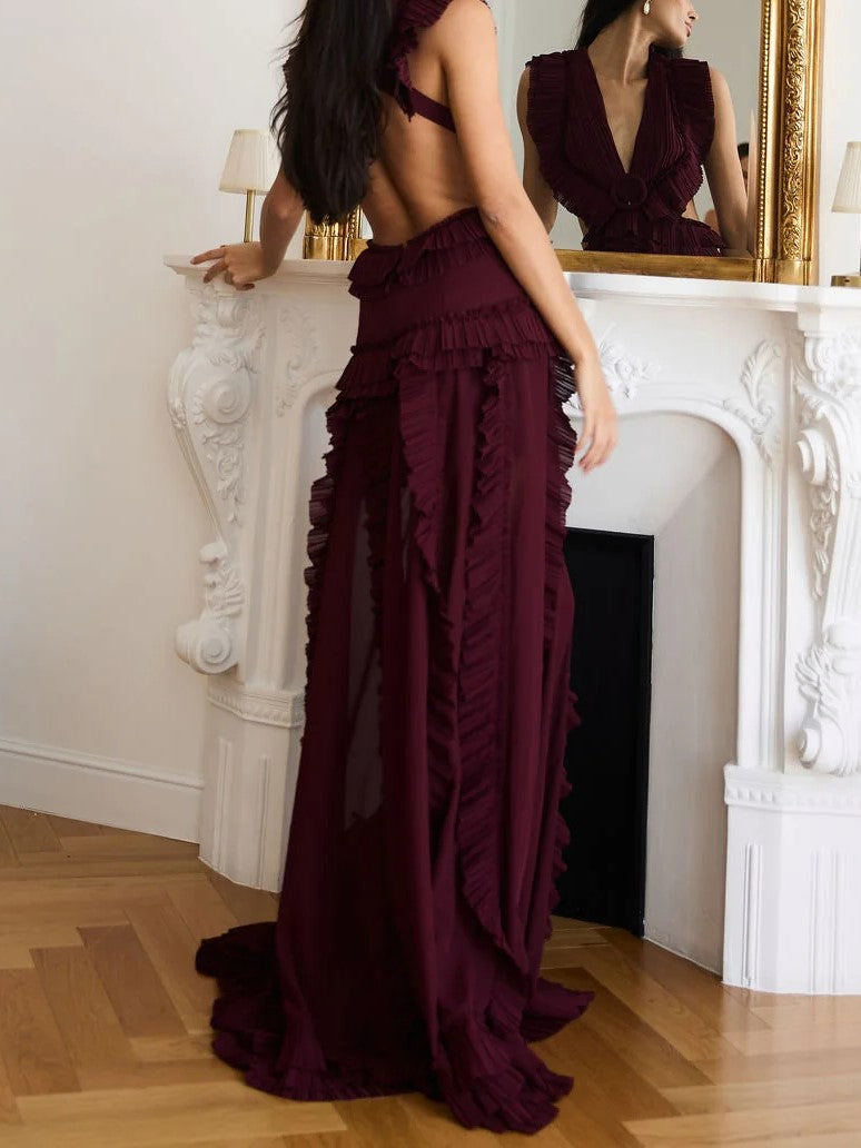 Burgundy Ruffle High Slit Maxi Dress