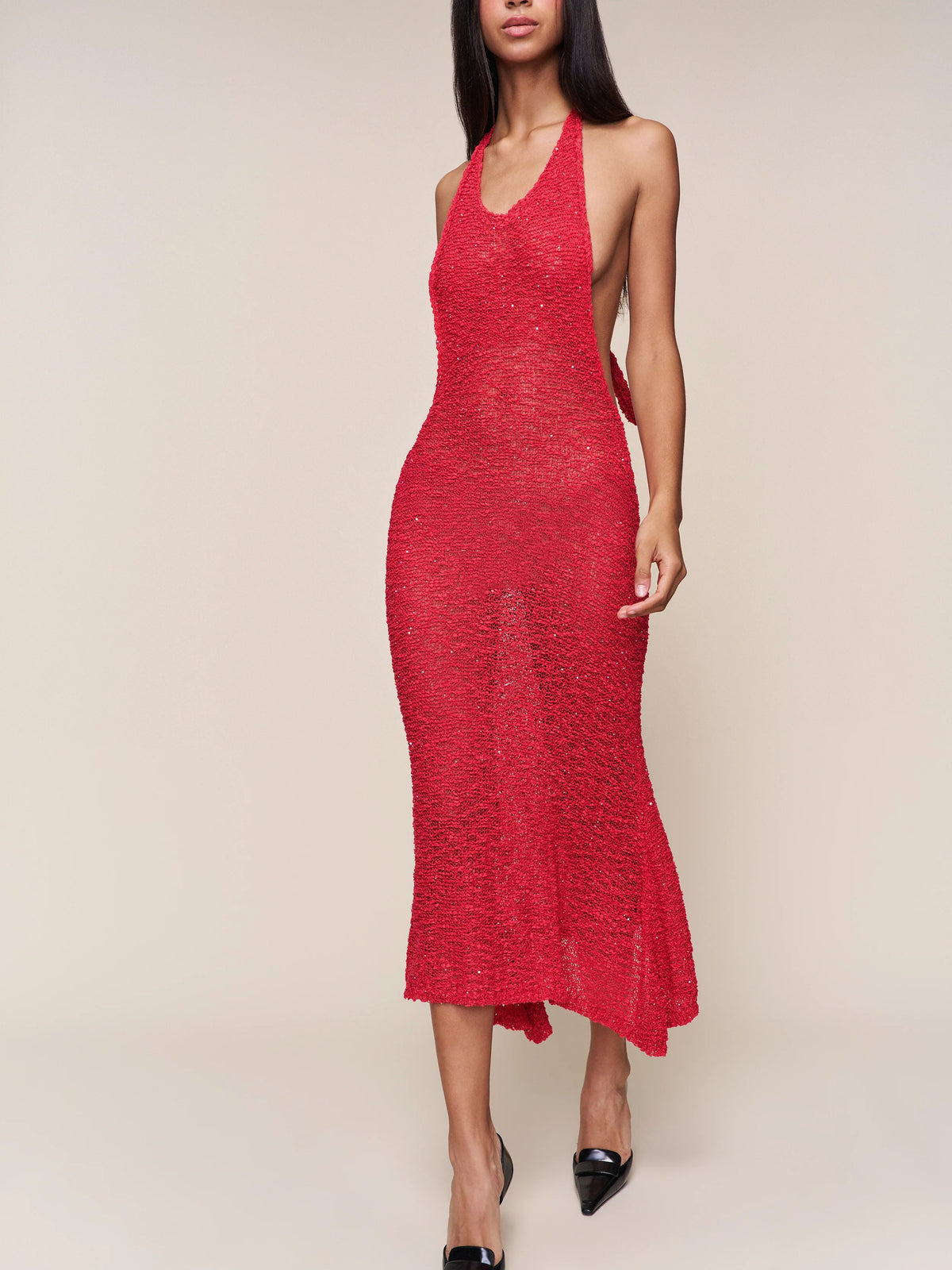 Red Sequin Halter Midi Dress