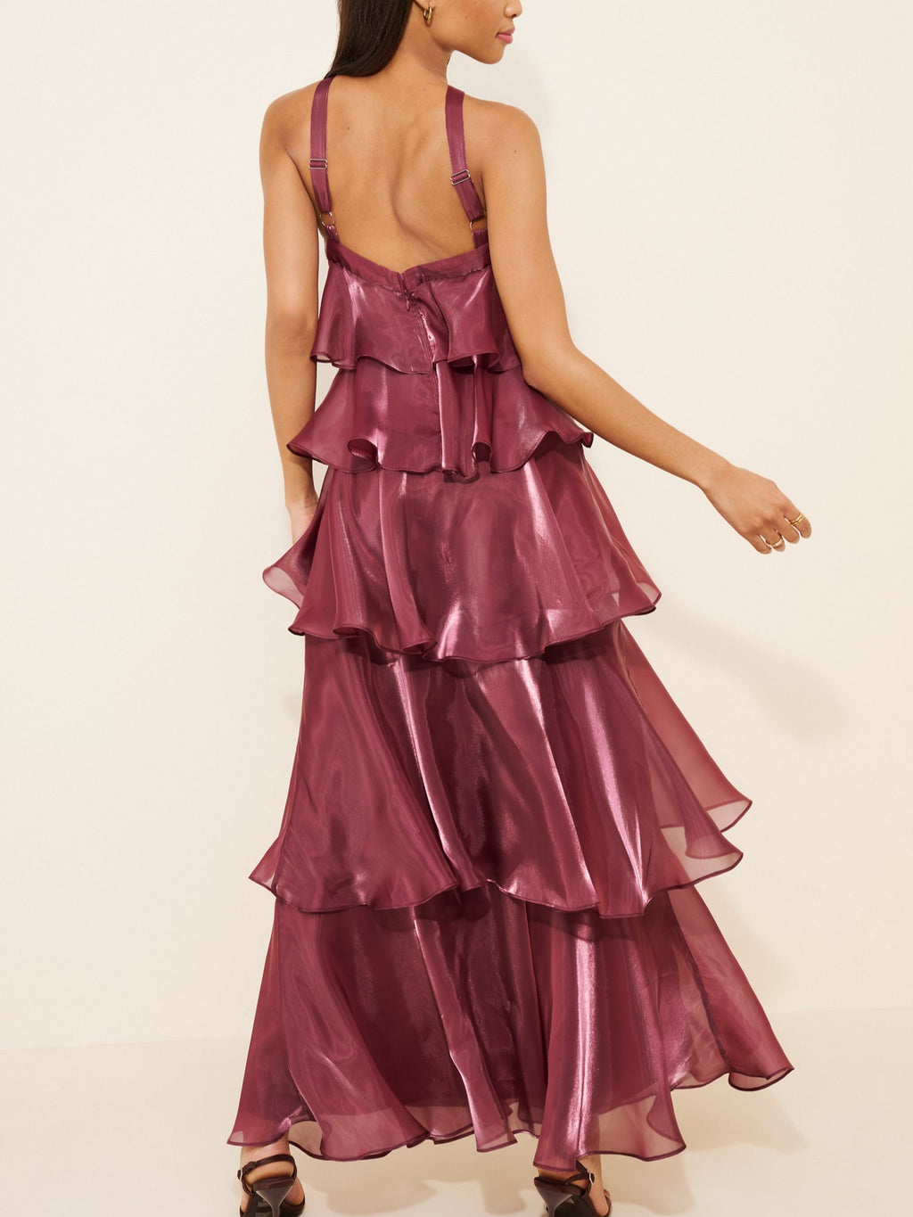 Burgundy Organza Ruffle Halter Maxi Dress