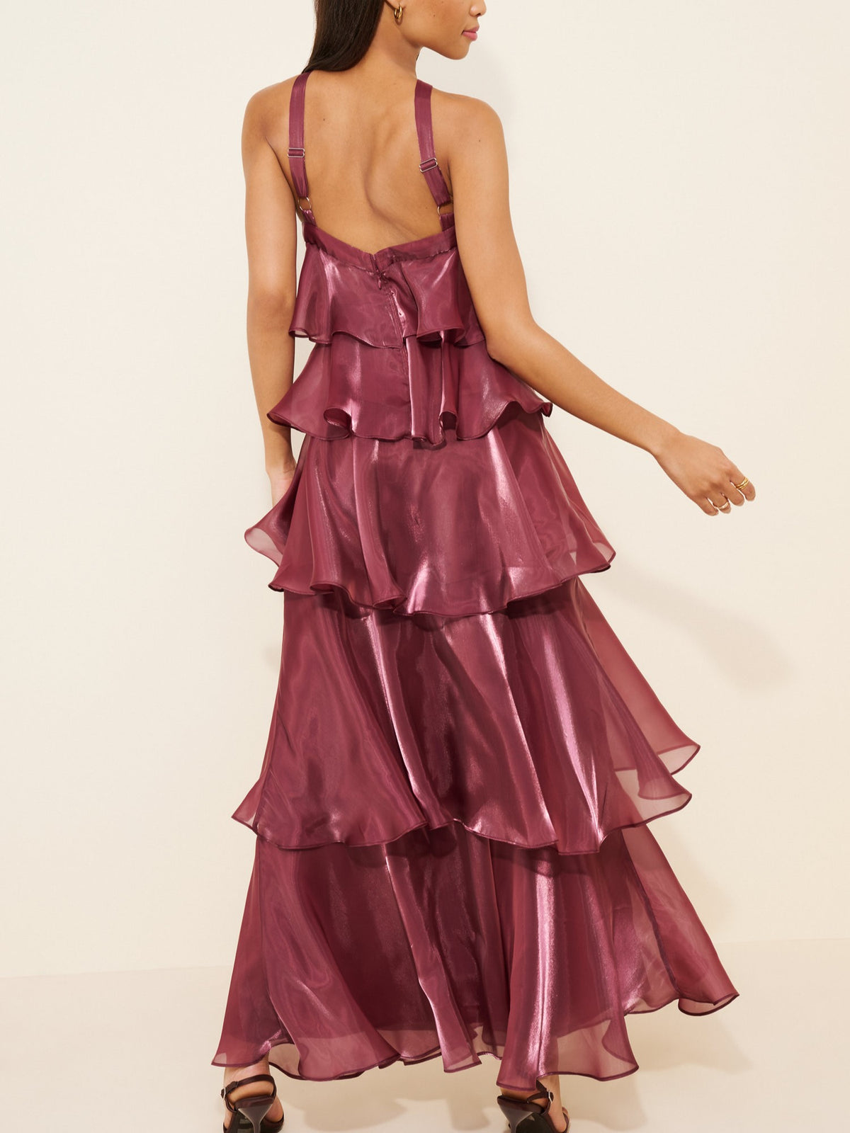 Burgundy Organza Ruffle Halter Maxi Dress
