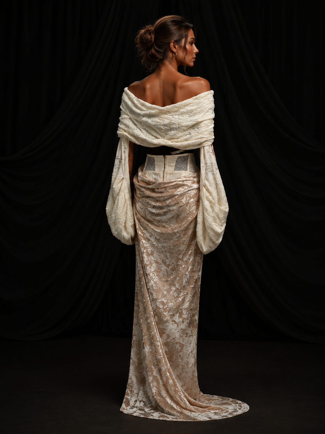 Champagne Lace Corset Velvet Maxi Dress