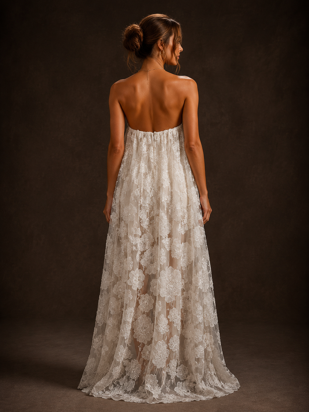 White 3D Floral Applique Strapless Maxi Dress