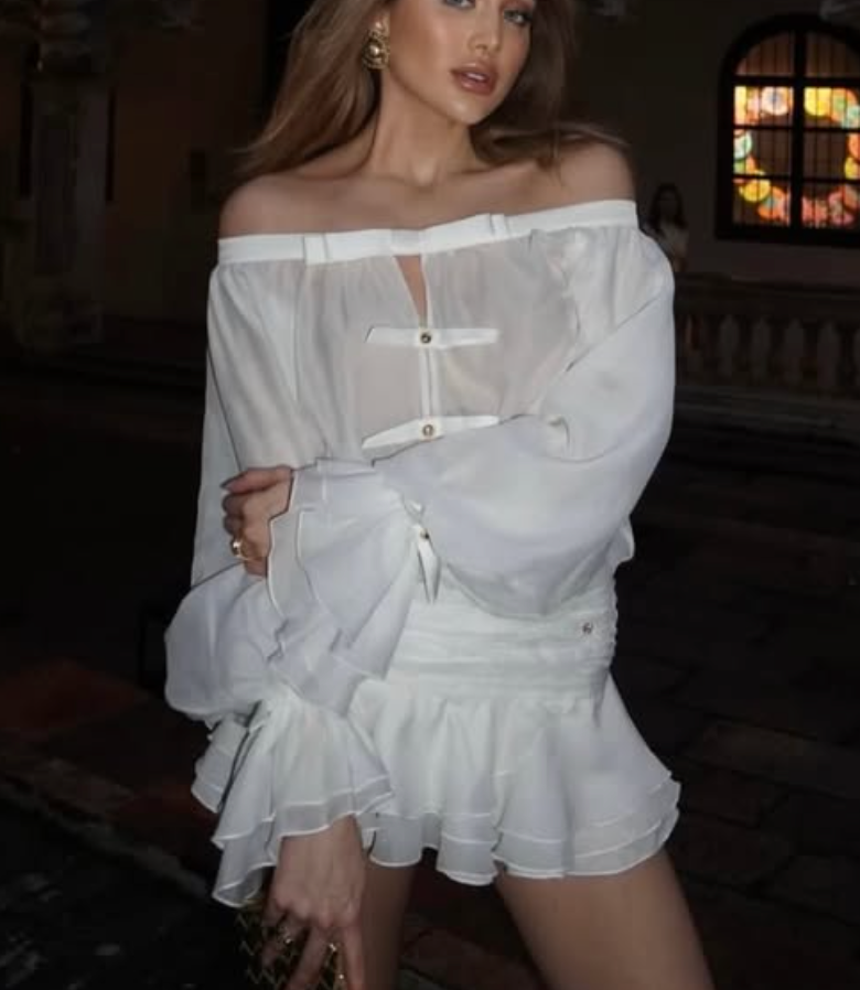 White Sheer Off-Shoulder Mini Dress
