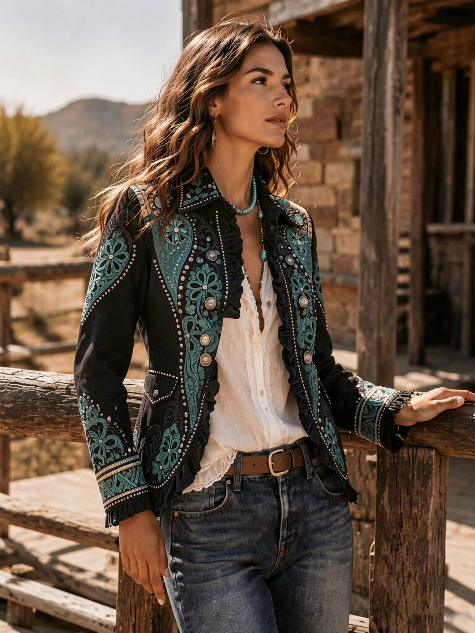 Black Turquoise Embroidered Ruffle Jacket