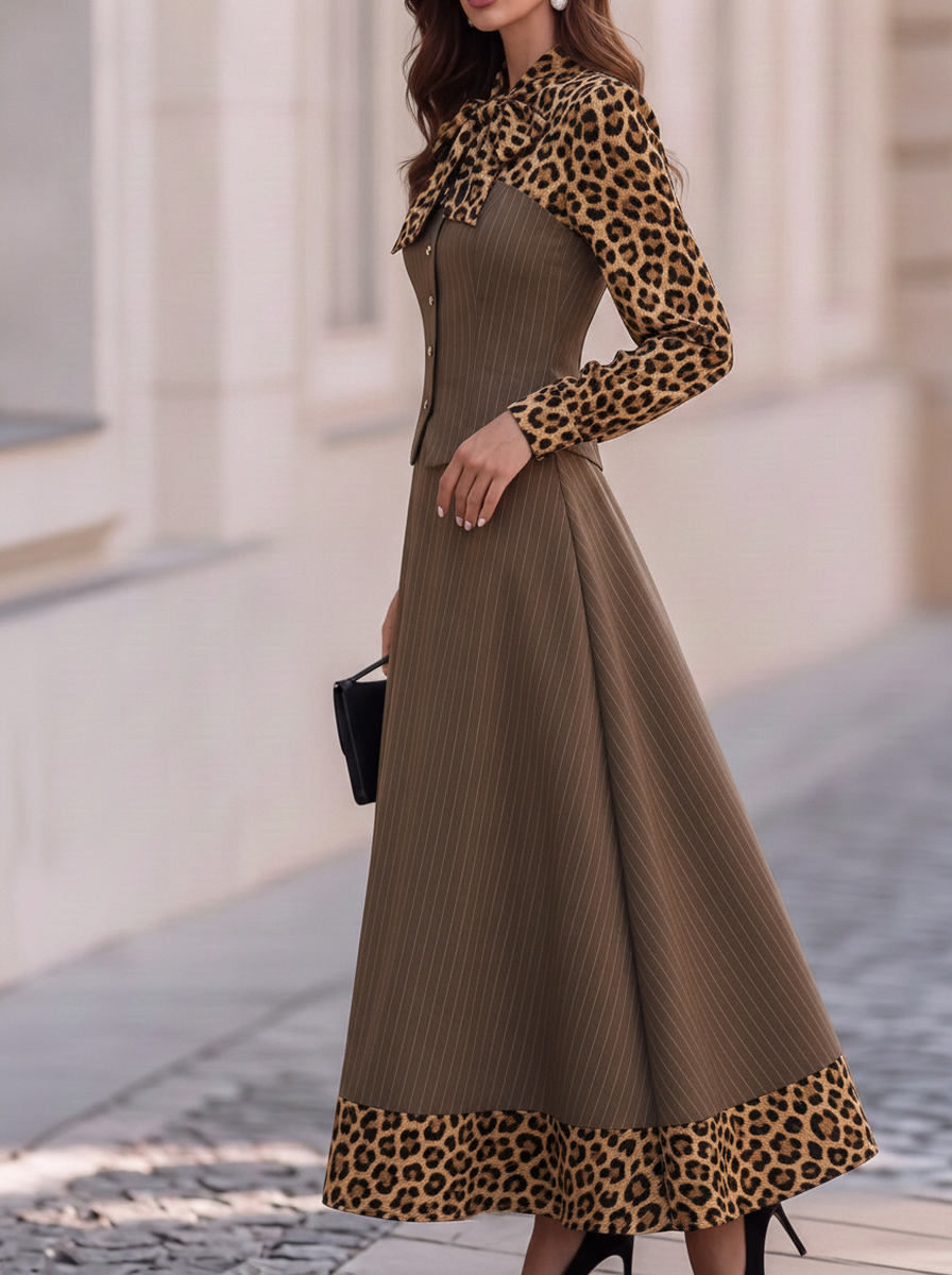 Brown Leopard Bow Pinstripe Dress