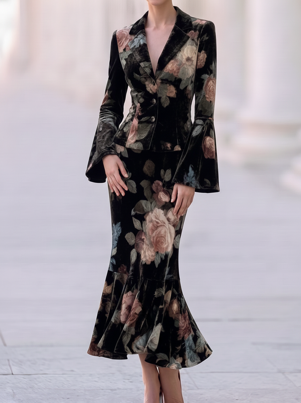 Black Velvet Floral Peplum Suit Set