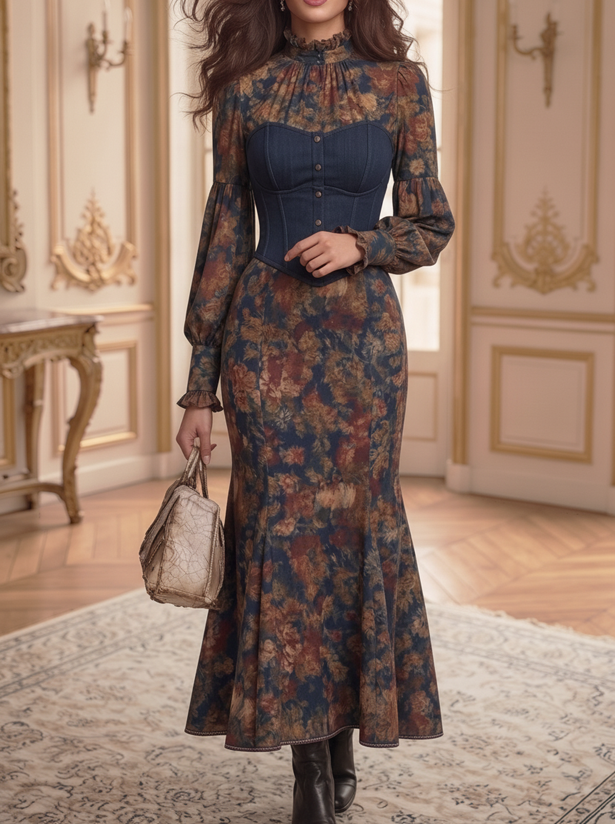 Denim Corset Floral Mermaid Dress