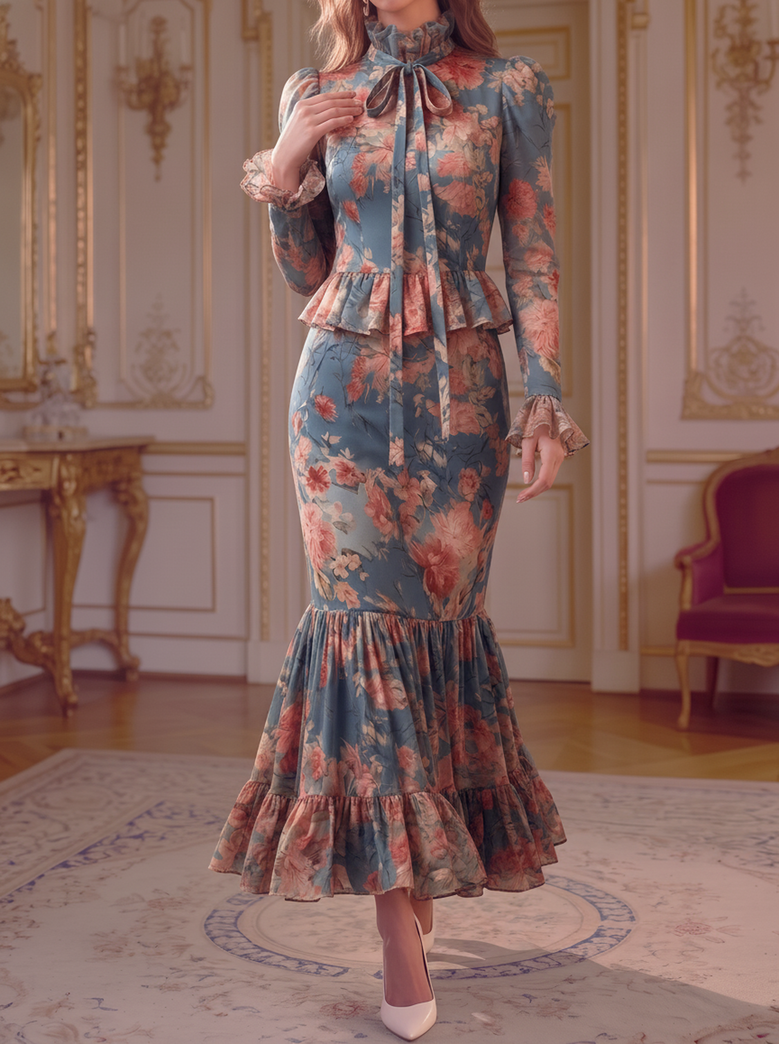 Blue Floral High Neck Ruffle Dress