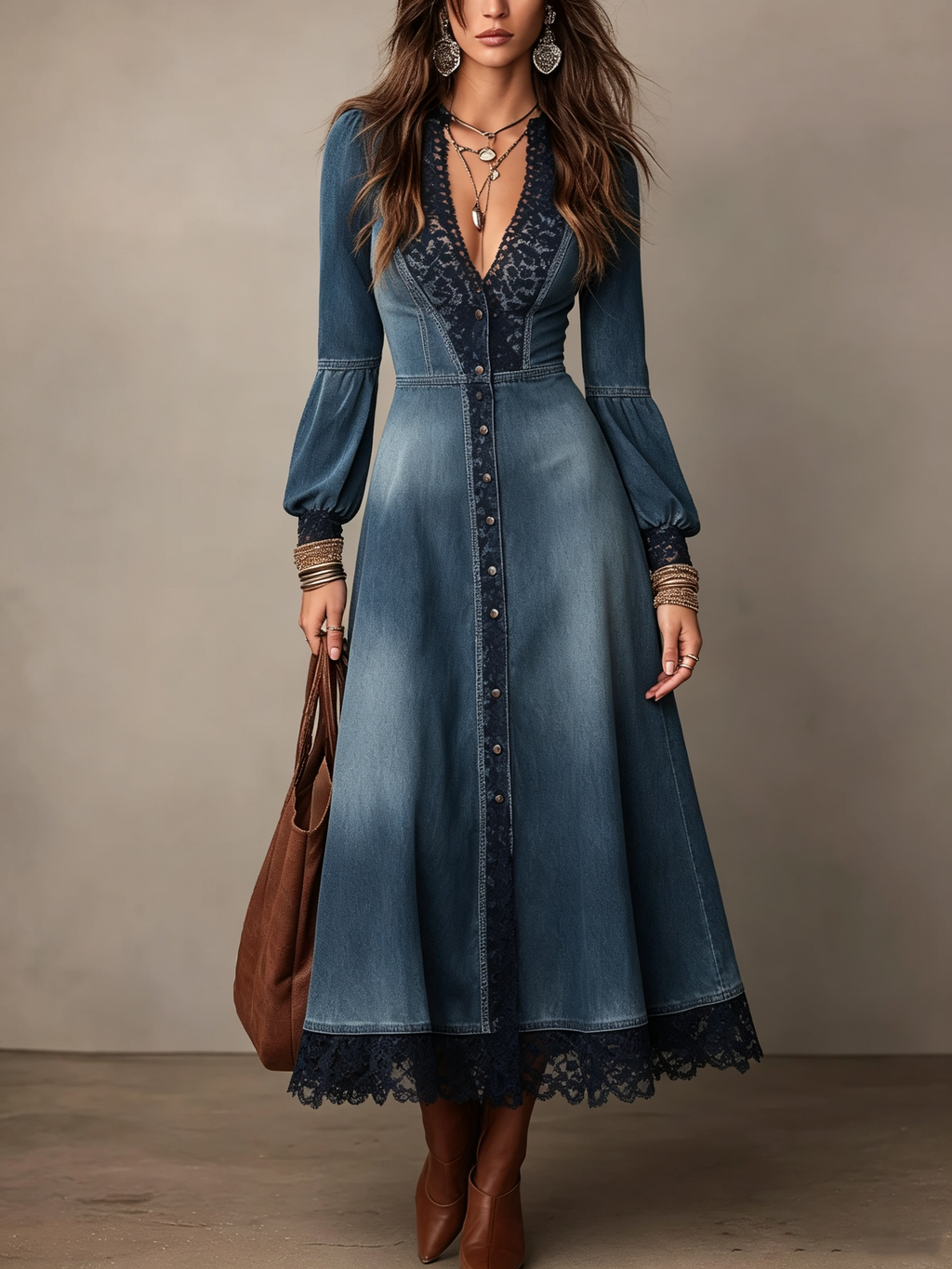 Blue Denim Lace Trim Midi Dress