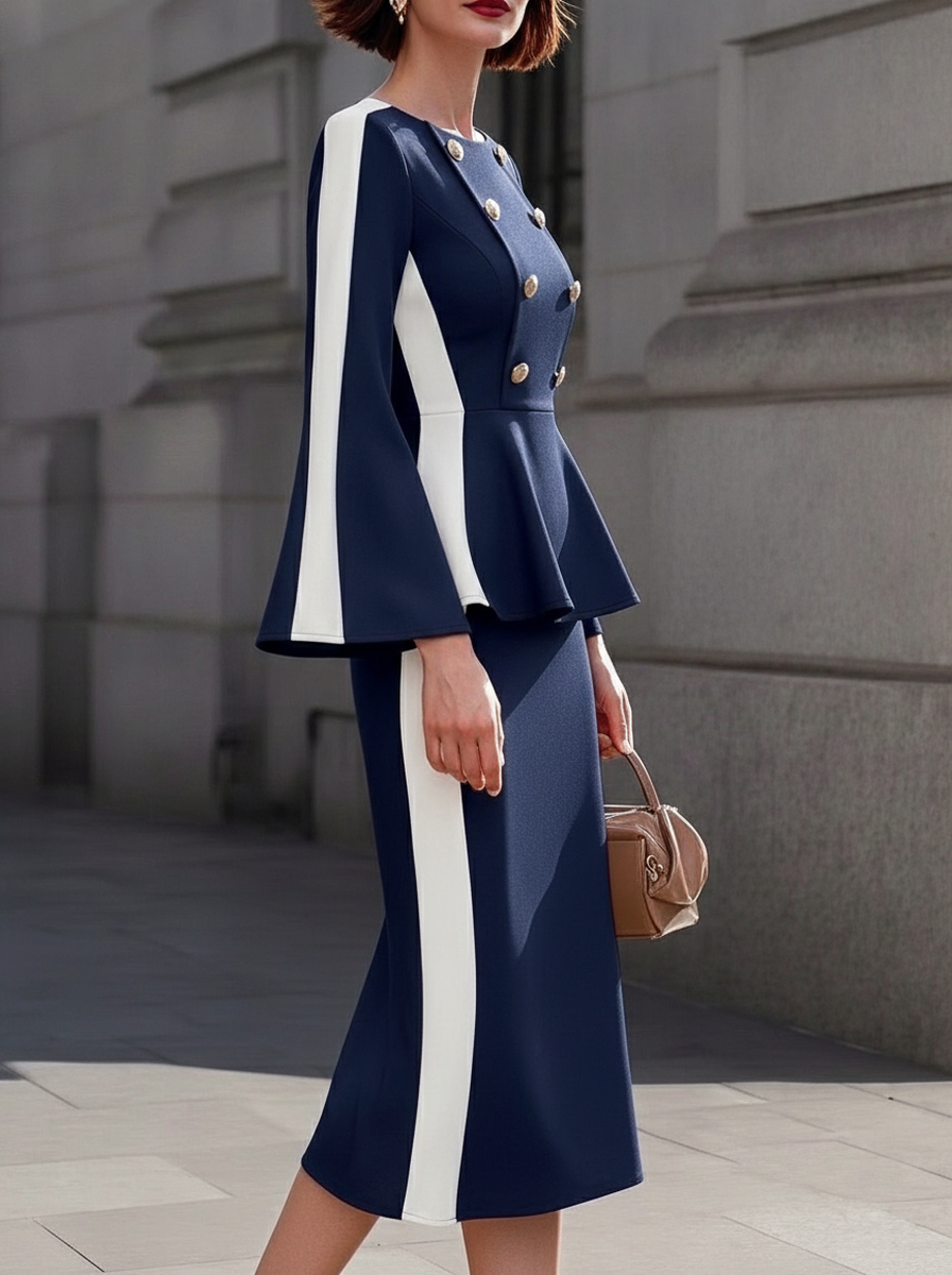 Navy White Double-Breasted Peplum Dress