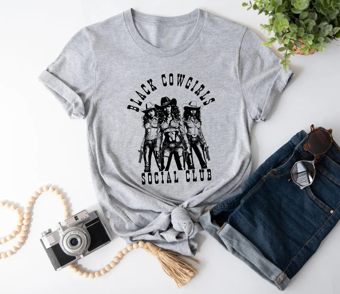 Black Cowgirl Social Club Crew Neck Short Sleeve Cotton T-shirt