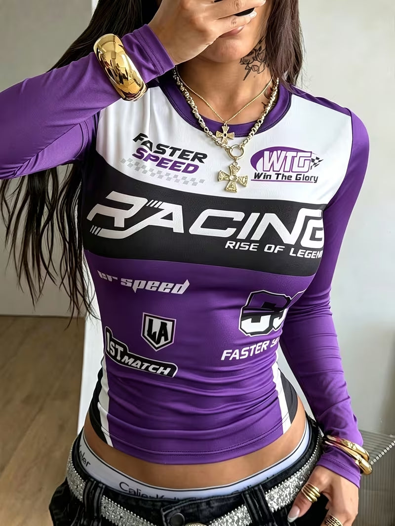 Purple Racing Graphic Long-Sleeve Crop Top