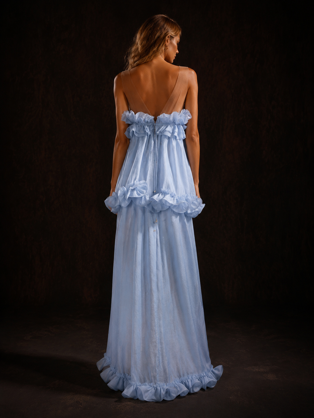 Baby Blue Sheer Yoke Ruffled Maxi Dress