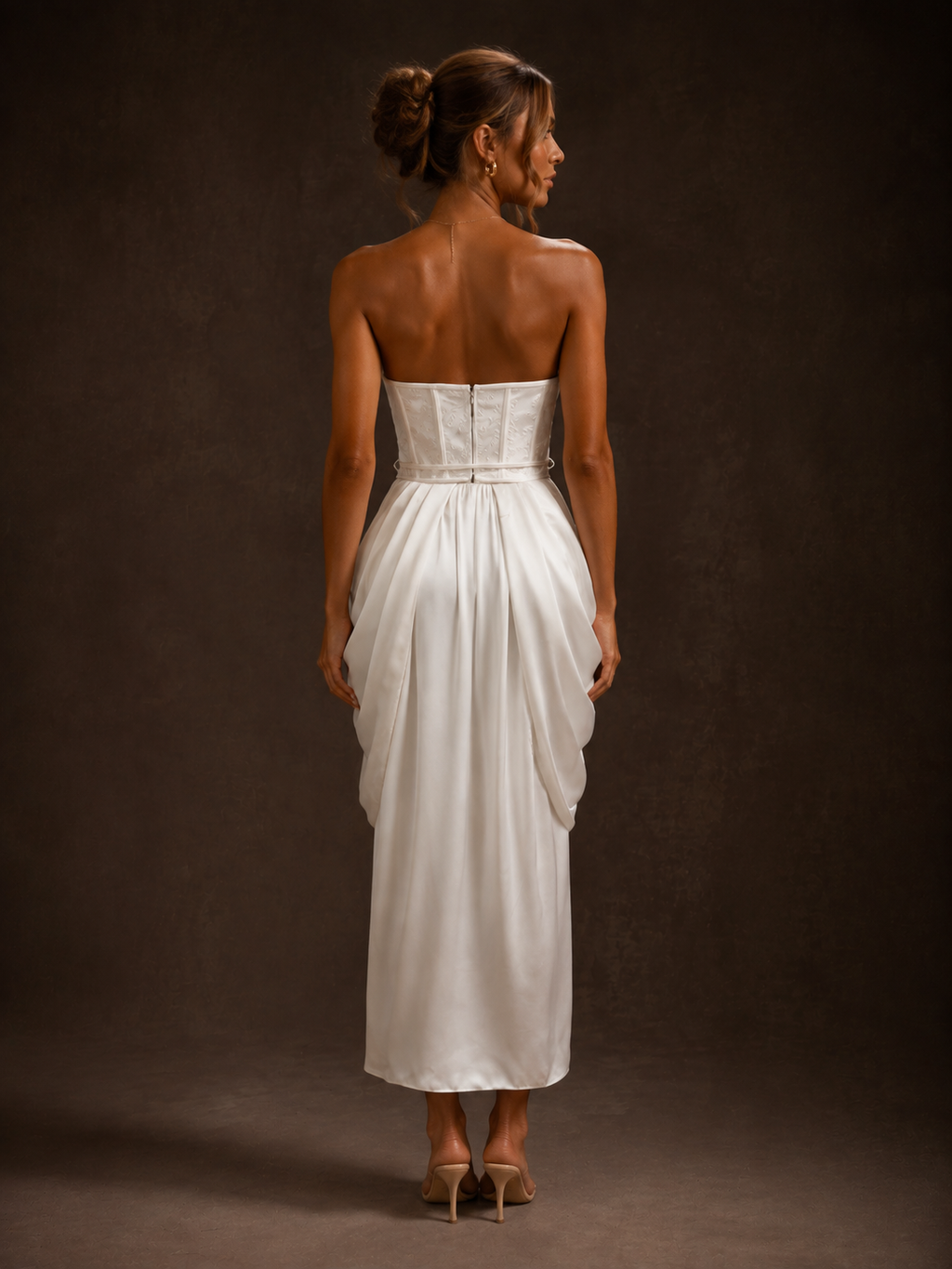 White Lace Corset Draped Midi Dress