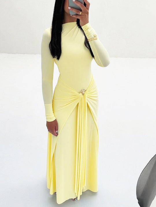 Long-sleeve Ruched Maxi Dress With Metallic Buckle