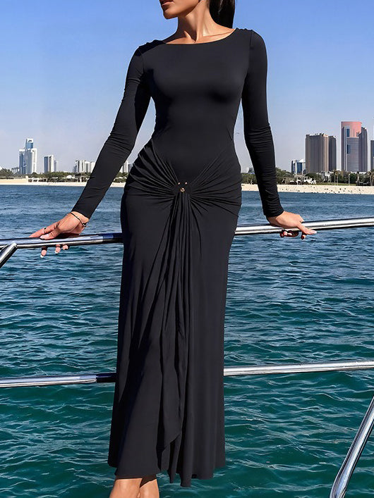 Long-sleeve Ruched Maxi Dress With Metallic Buckle