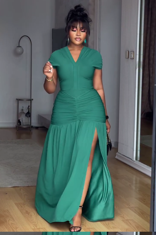 V Neck Cap Sleeve Ruched Dropped Waist Daily Maxi Dresses-Green [Pre Order]