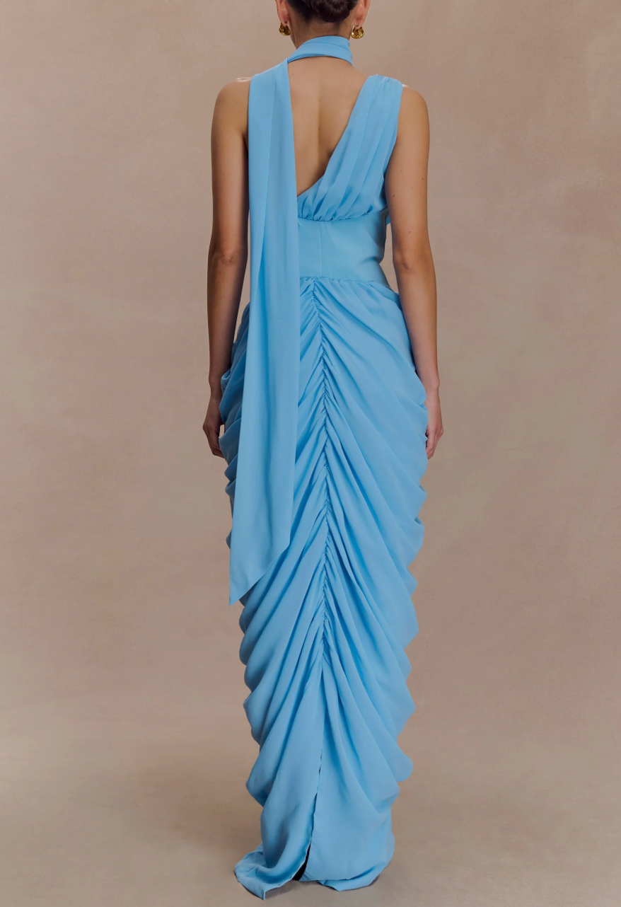Sky Blue Cowl Neck Choker Maxi Dress