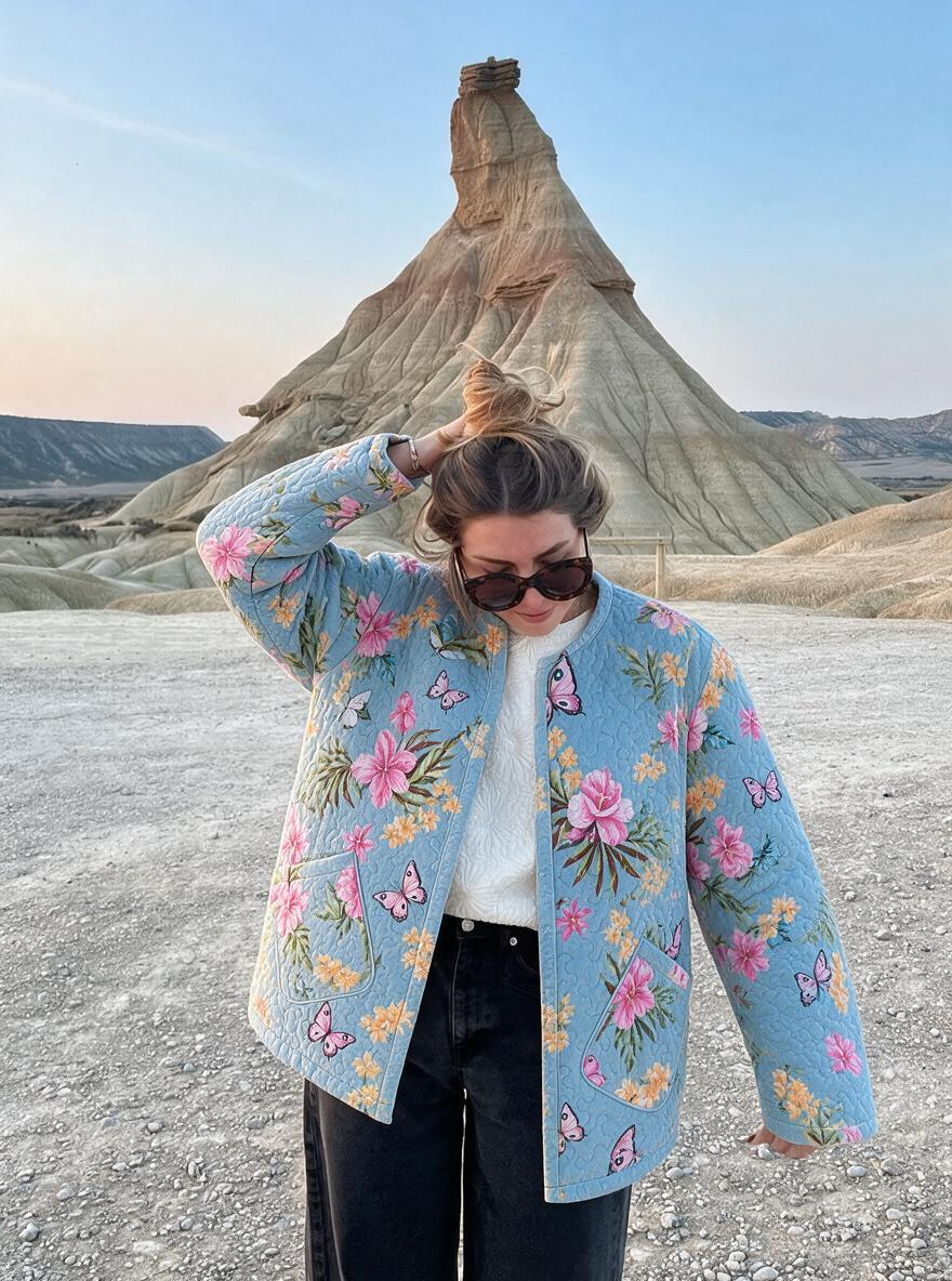 Blue Butterfly Floral Quilted Jacket