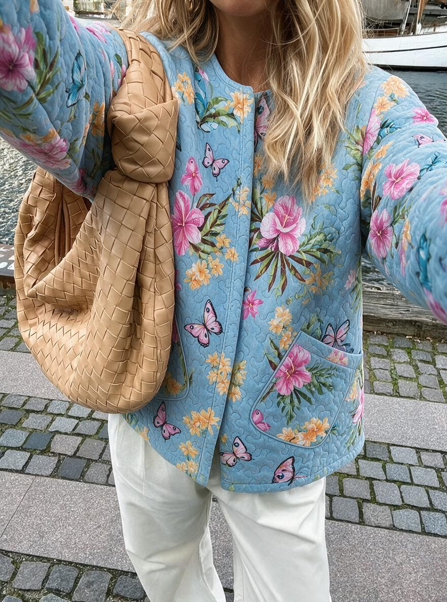 Blue Butterfly Floral Quilted Jacket