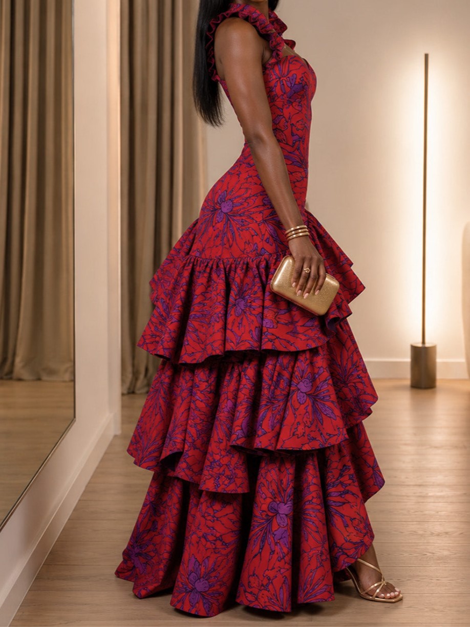 Red And Purple Floral Tiered Ruffle Maxi Dress