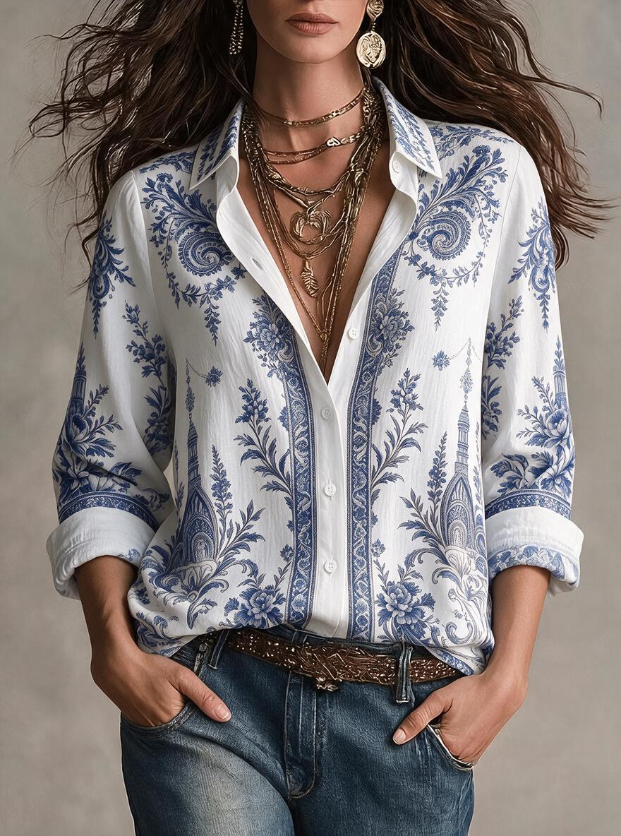 Blue Floral Paisley Print Linen Shirt