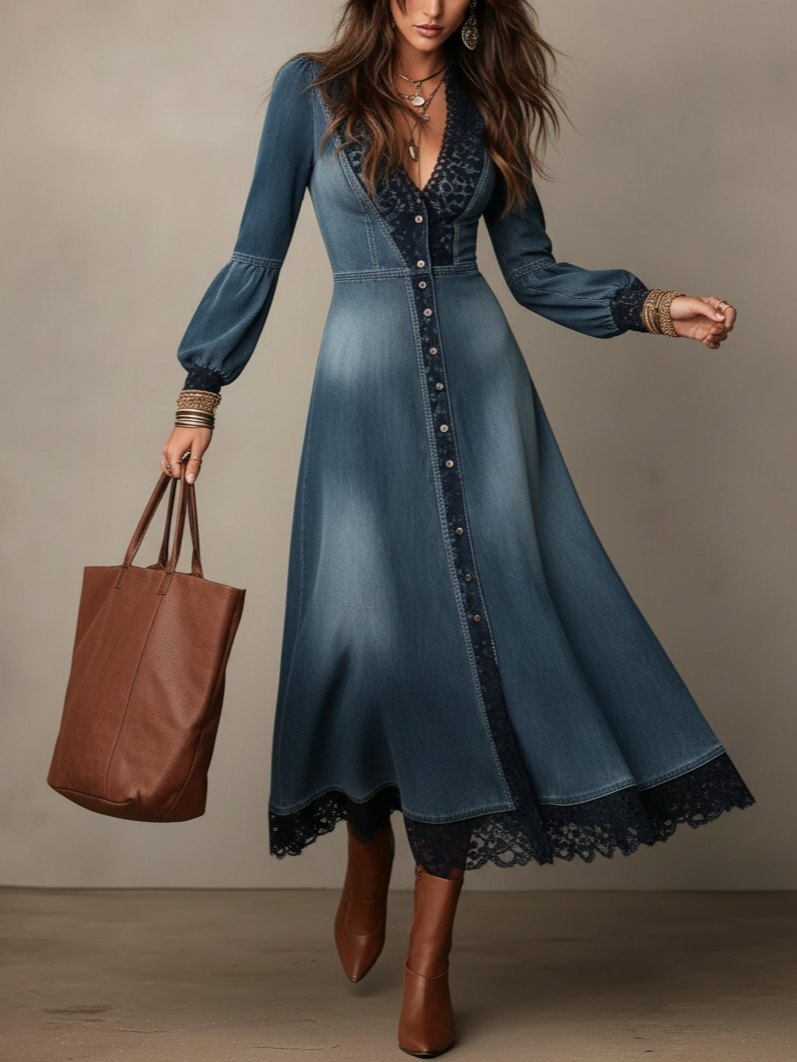 Blue Denim Lace Trim Midi Dress