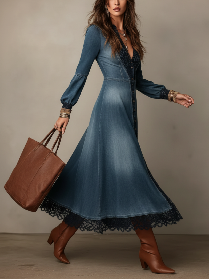 Blue Denim Lace Trim Midi Dress
