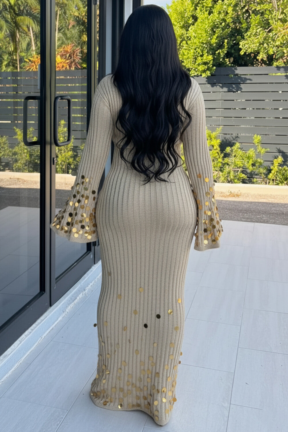 Deep V Neck Bell Sleeve Disco Sequin Knit Maxi Dresses-Beige [Pre Order]