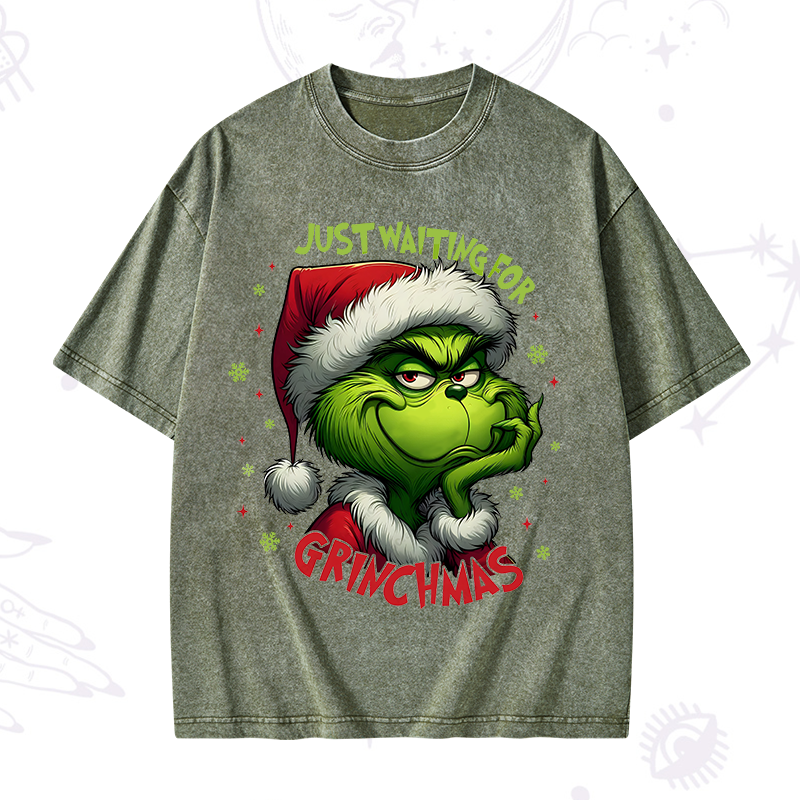 Just Waiting For Grinch Christmas Washed T-Shirt