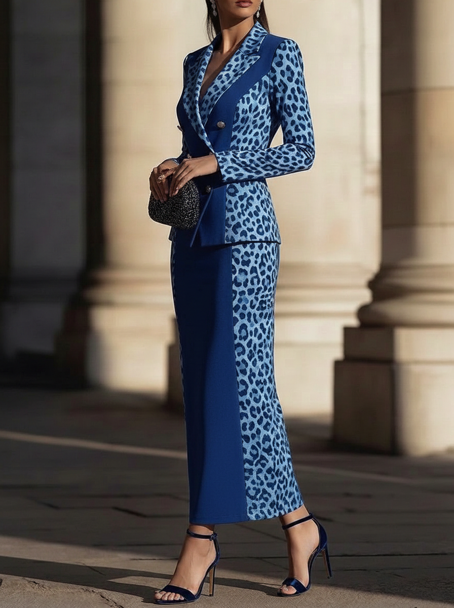 Blue Leopard Print Double-Breasted Skirt Set