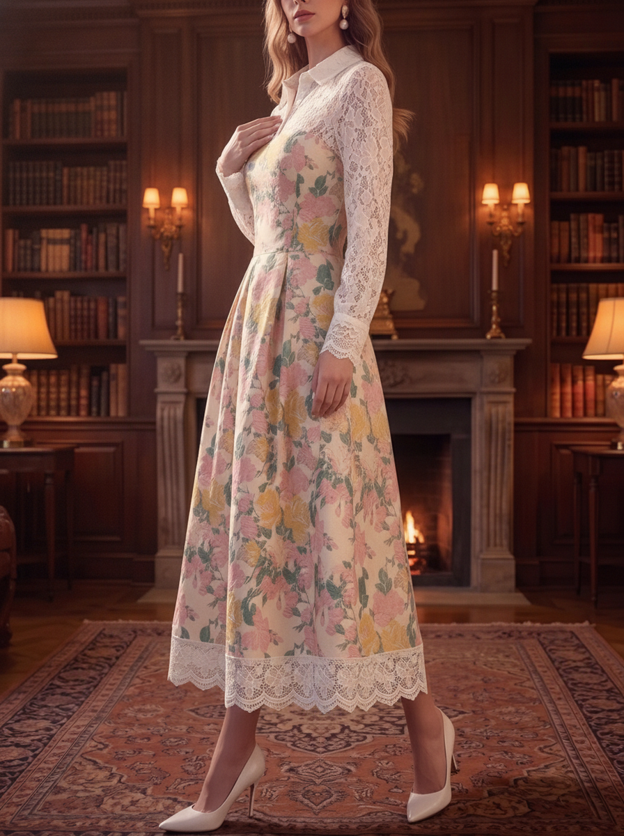 Cream Floral Lace Collar Midi Dress