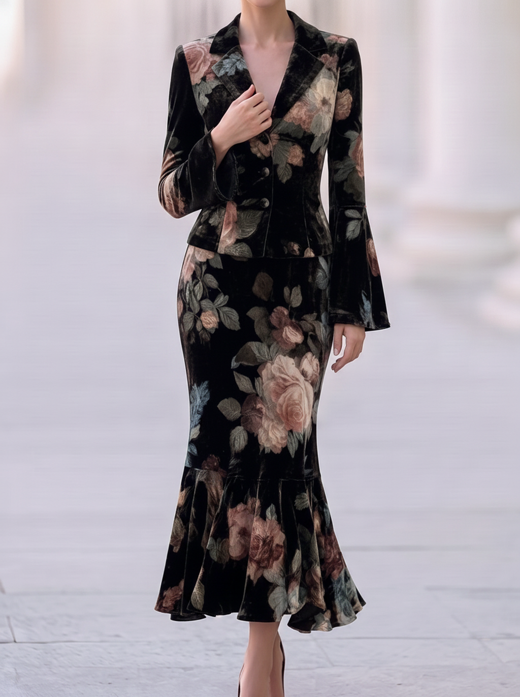 Black Velvet Floral Peplum Suit Set