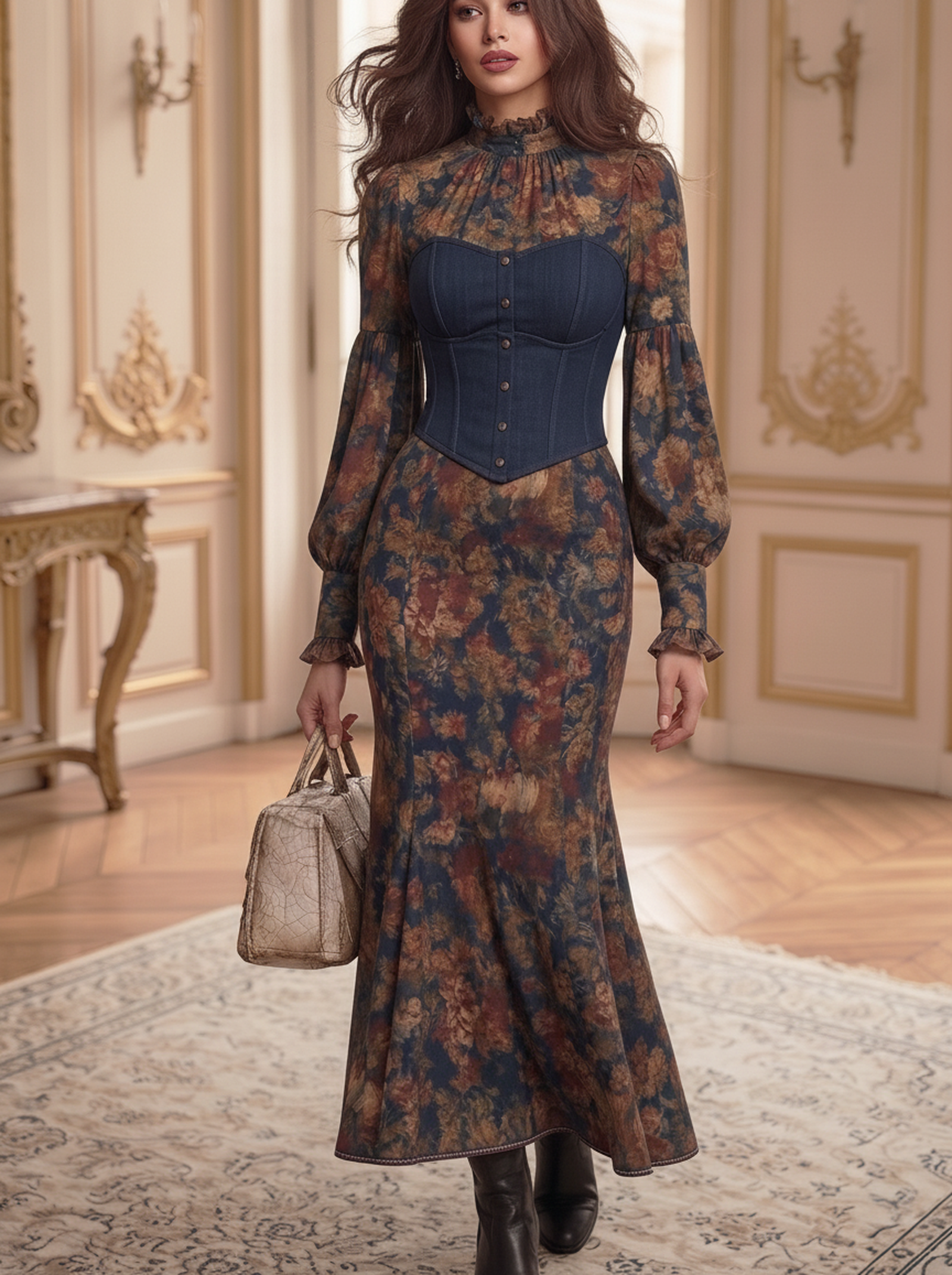 Denim Corset Floral Mermaid Dress