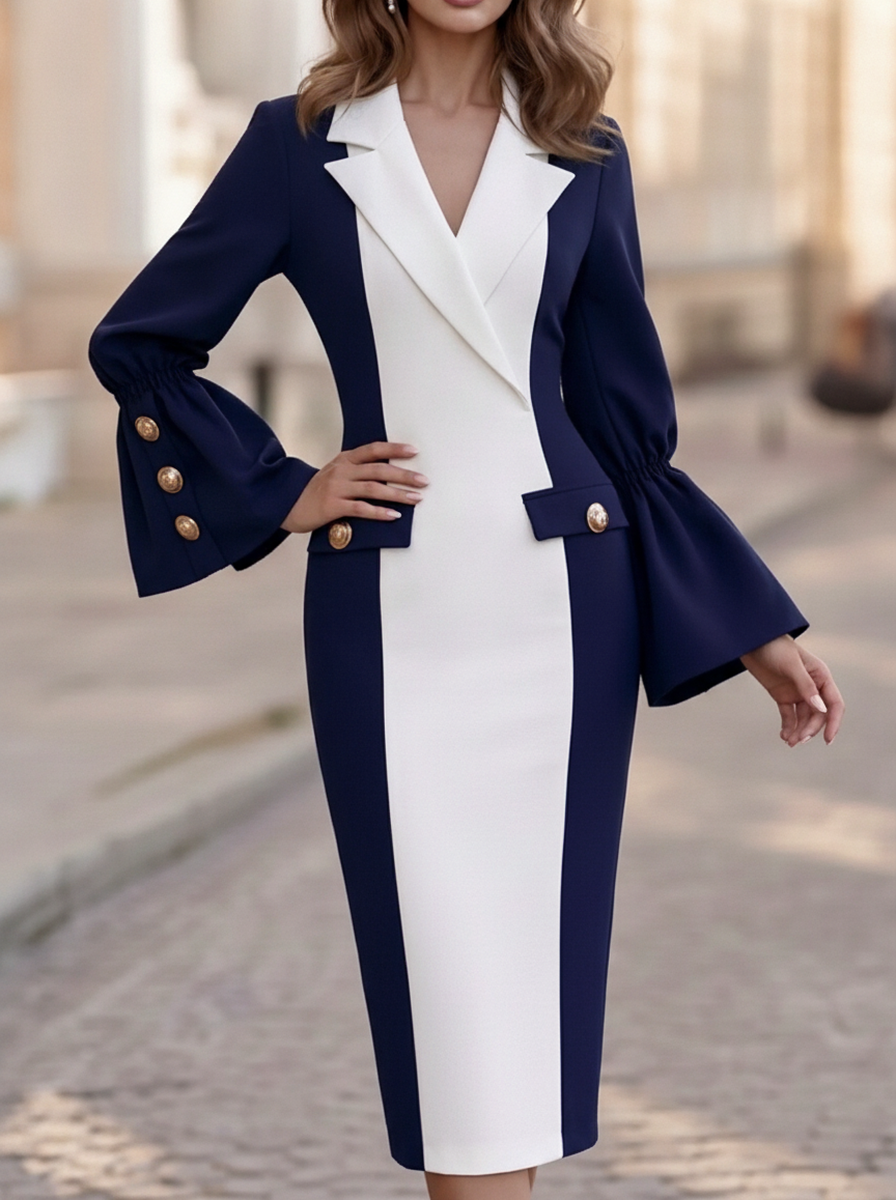 Navy White Wrap Bell Sleeve Dress